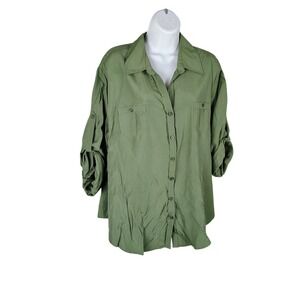 Joanna Plus Womens 2X Army Olive Green Button Down Roll Tab Sleeve Shirt hiking